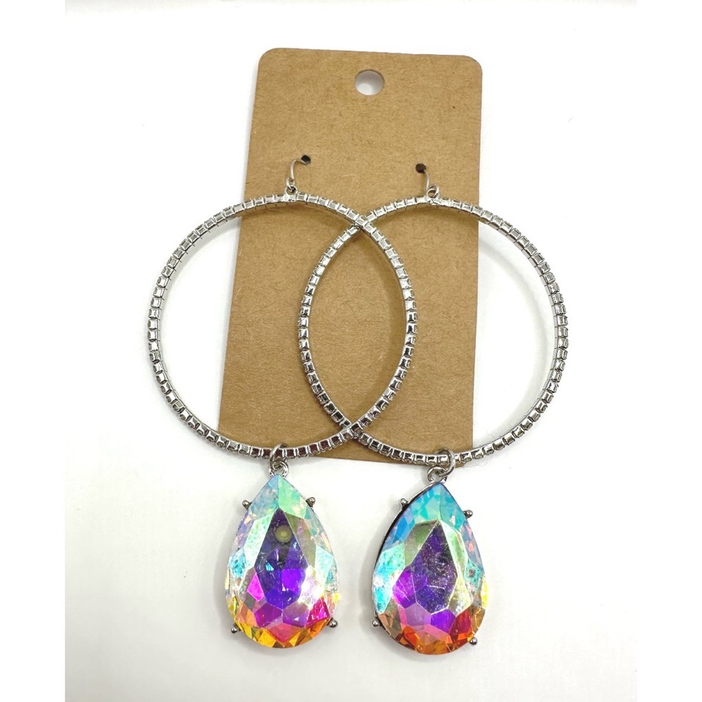 Teardrop Hoop Earrings with an AB Crystal Teardrop Shape Stone